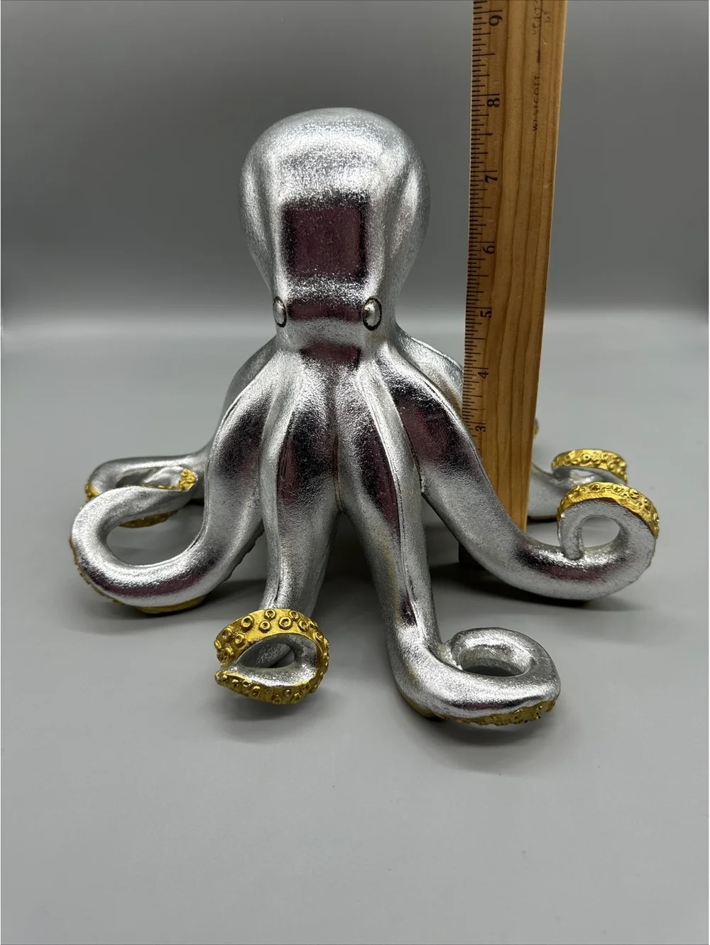 Shiny Silver Gold Octopus Statue Art Resin Nautical Sea Life Figure 8.5x11x10”